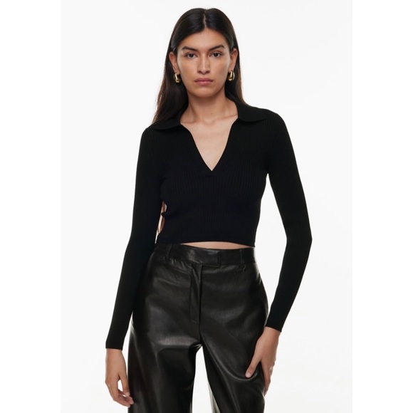 Aritzia Babaton Sculpt Knit Polo Longsleeve sweater top black - Picture 2 of 6